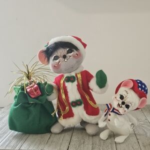 9" Annalee Yuletide Joy Santa Claus Grey Mouse & 5.5" White July 4th Mouse Dolls